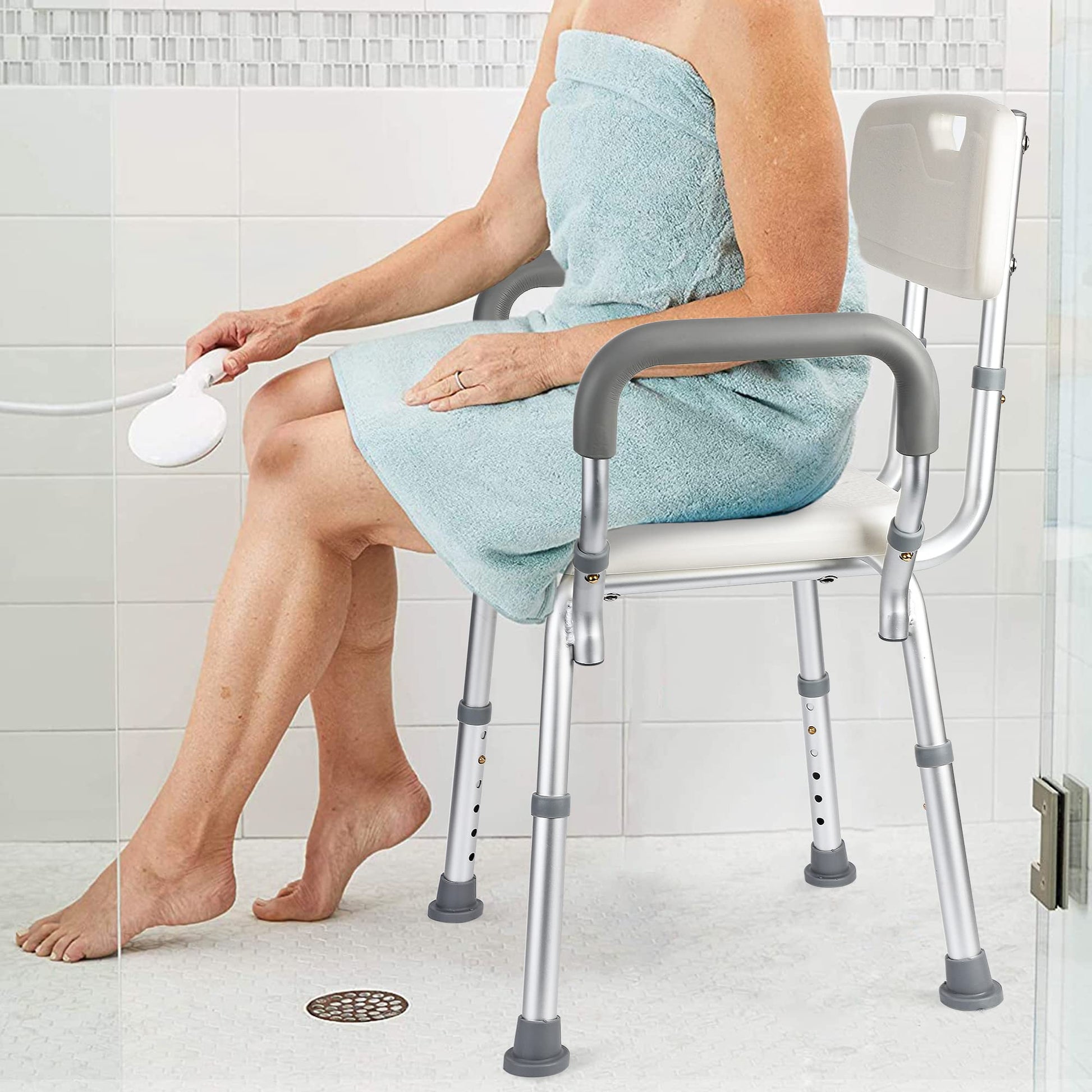Garvee Chaise de Douche avec Dossier, Capacité 136 kg, Hauteur Réglable, Assise Ergonomique, Pieds Antidérapants, pour Seniors