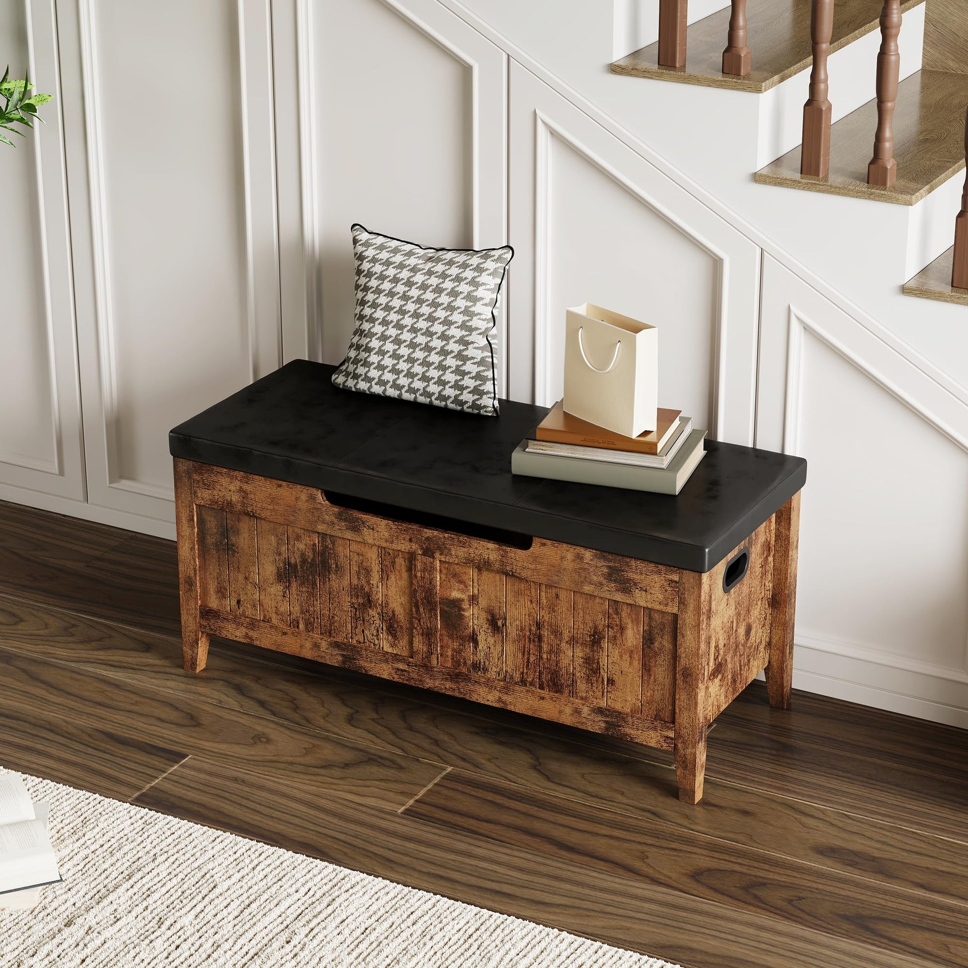 Coffre-banc de rangement Garvee en bois avec charnières de sécurité, assise rembourrée et poignées ergonomiques, idéal pour le salon et la chambre, 100 cm (39,4 po), marron.