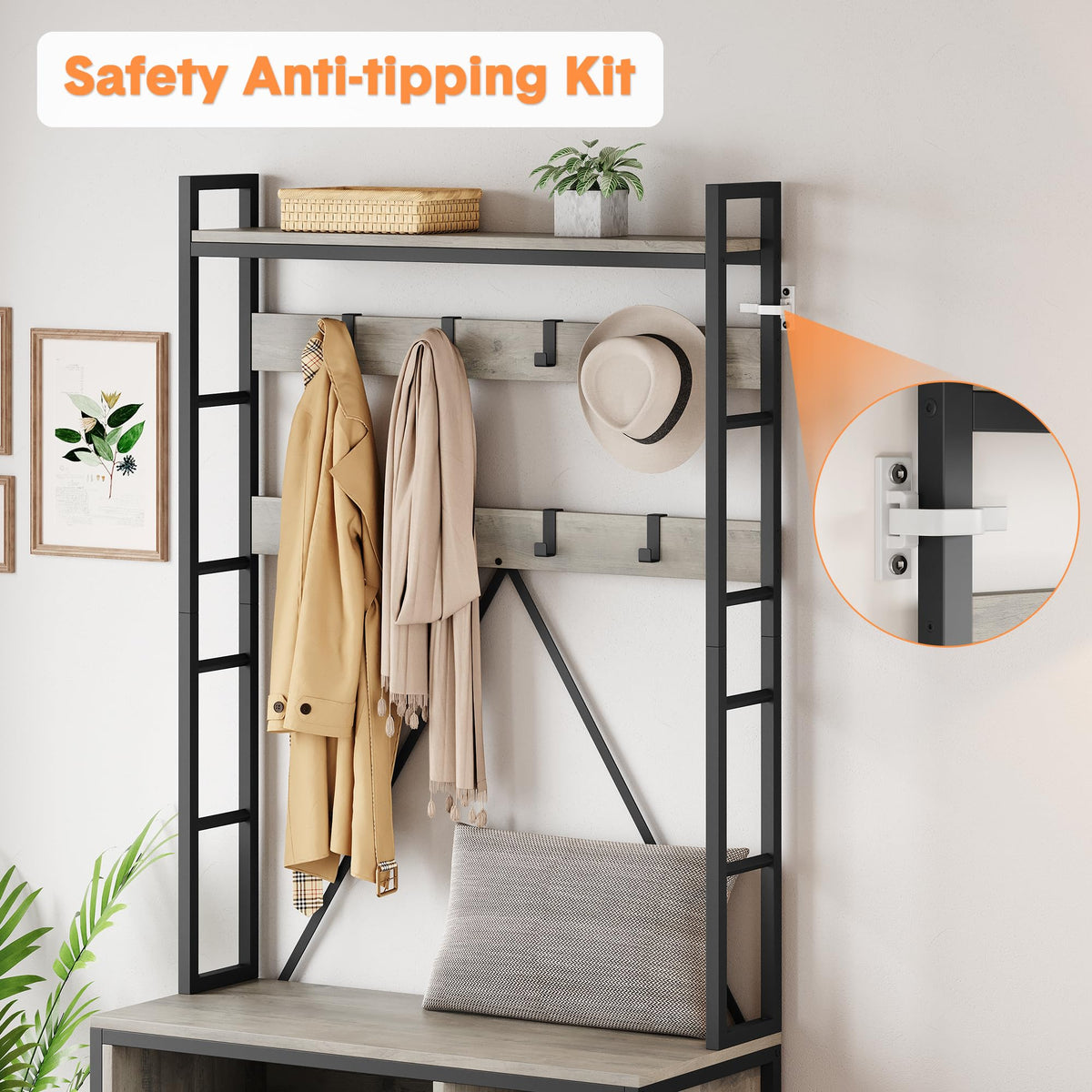 Garvee Porte-manteau avec banc et armoire 5 en 1, organisateur pour couloir et entrée, en bois, réglable et robuste