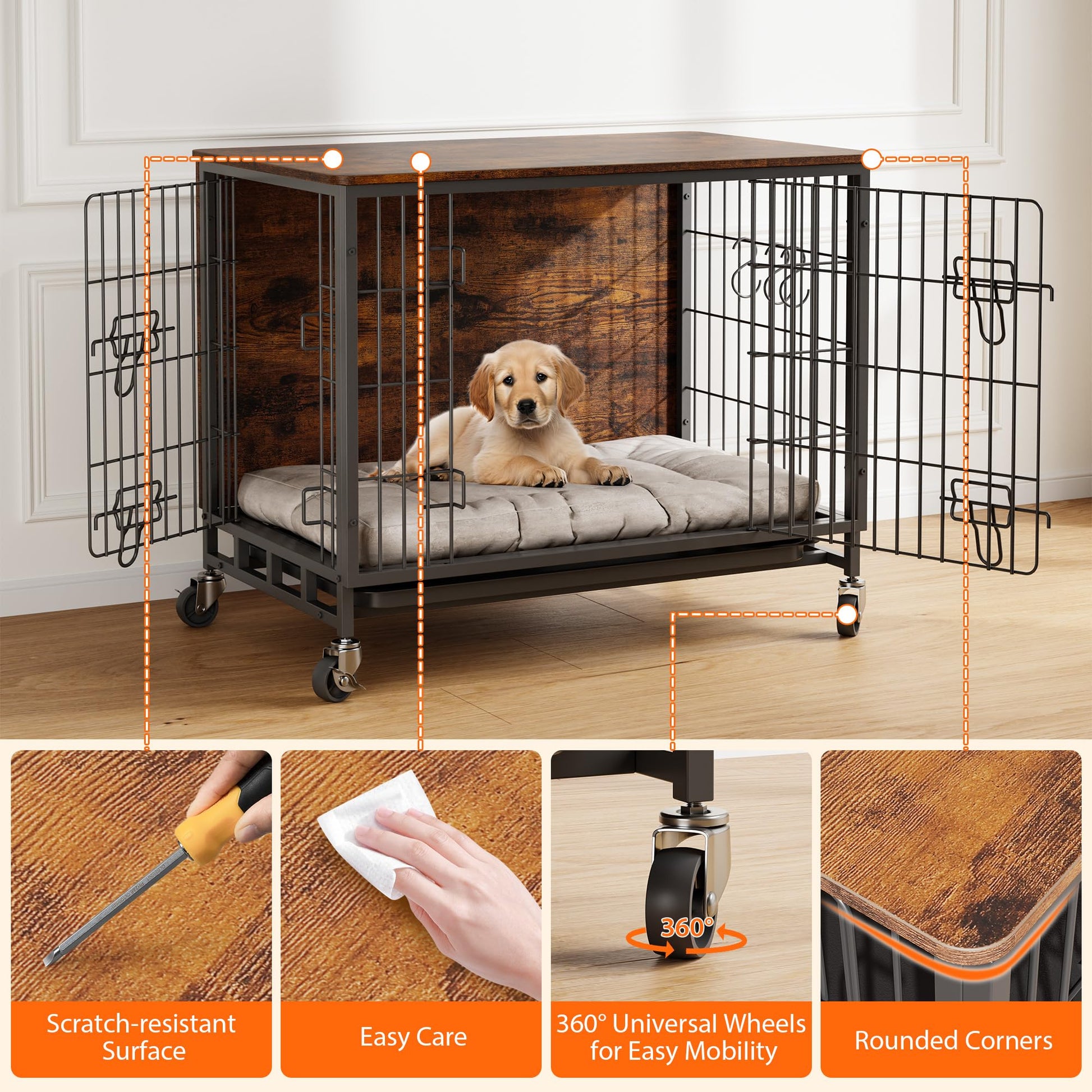 Meuble de cage pour chien Garvee 98 cm (38,6 po) en bois avec roulettes et double porte pour grands chiens d'intérieur, stable, mobile, antidérapant, en bois aggloméré