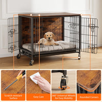 Meuble de cage pour chien Garvee 98 cm (38,6 po) en bois avec roulettes et double porte pour grands chiens d'intérieur, stable, mobile, antidérapant, en bois aggloméré