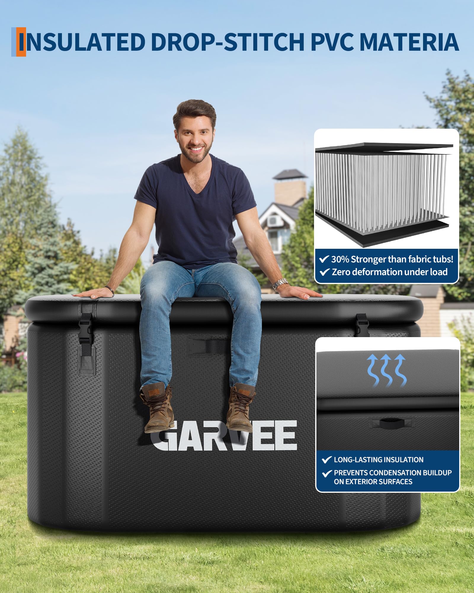 Baignoire balnéo Garvee pour sportifs, 930 litres (248 gallons), ovale, noire, portable, couvercle isolé, en PVC renforcé de fibres de verre résistant aux déchirures