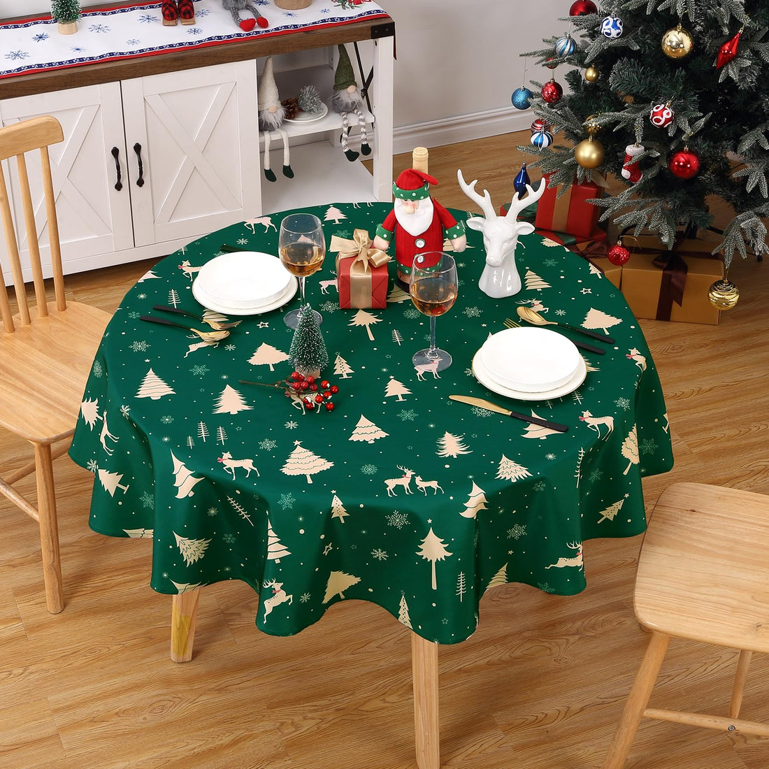 Garvee Nappe de Noël ronde, imperméable et lavable, en polyester, idéale pour les fêtes, la cuisine et la salle à manger, vert, 152 cm