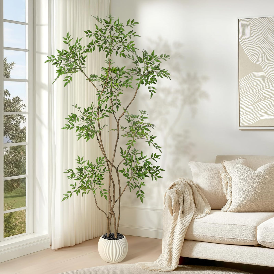 Plante artificielle Nandina Garvee de 1,80 m avec pot en céramique blanche, idéale pour le bureau et le salon. Réaliste, facile d'entretien et durable.