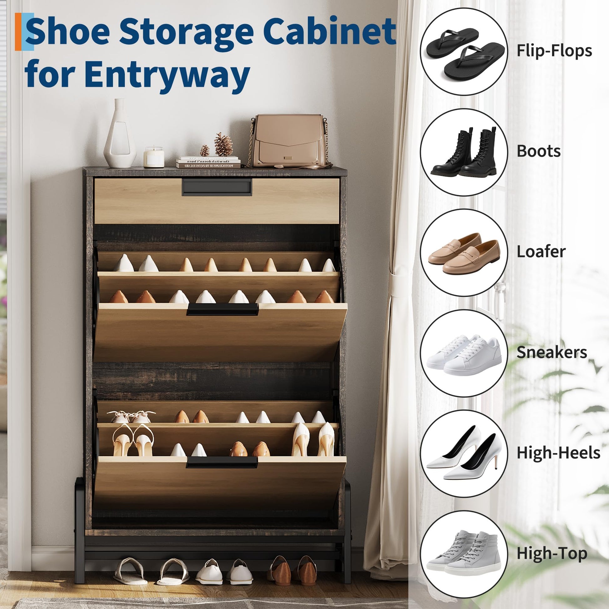 Meuble de rangement à chaussures Garvee avec 2 tiroirs pliables, 1 tiroir, en bois, pieds en métal, étroit, idéal pour l'entrée et le salon.