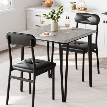 Ensemble table et chaises Garvee pour 2 personnes, avec chaises rembourrées, MDF et métal, compact pour petits espaces, gris vintage et noir.
