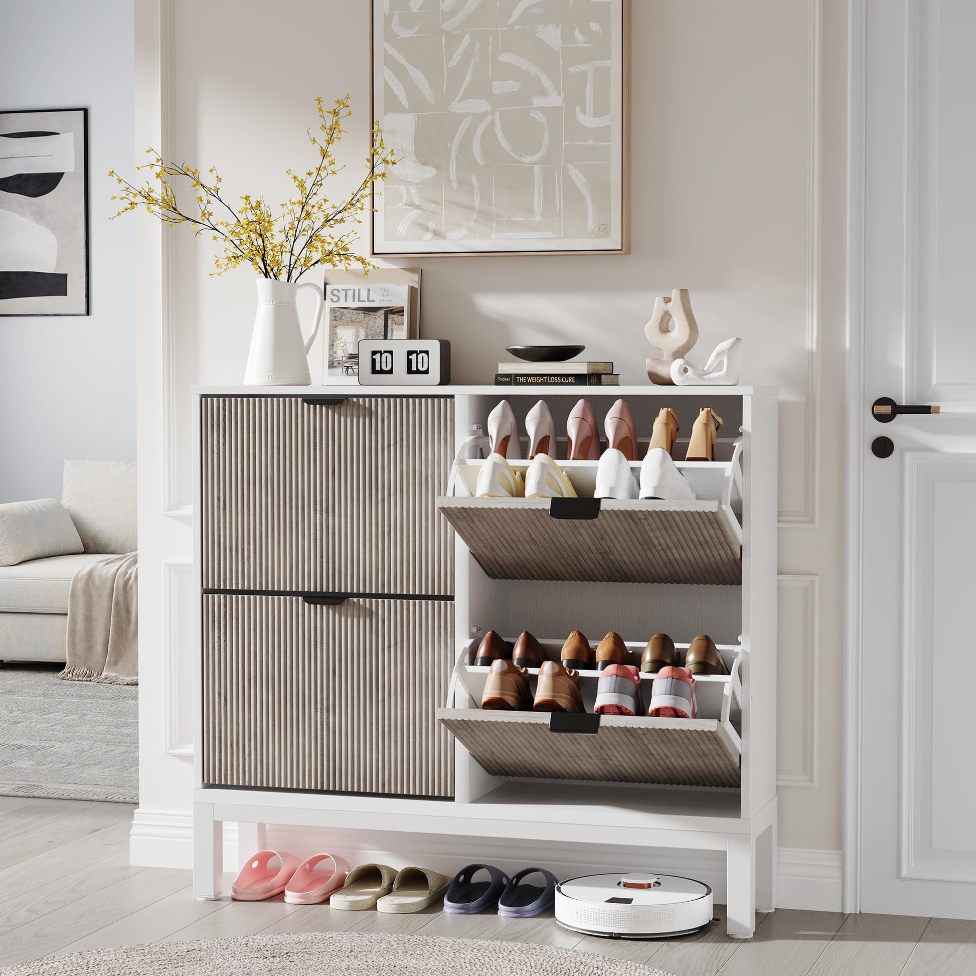 Meuble à chaussures cannelé Garvee avec 4 tiroirs abattants, pieds en métal, style campagne moderne, en bois, étroit, idéal pour un couloir ou une entrée, blanc