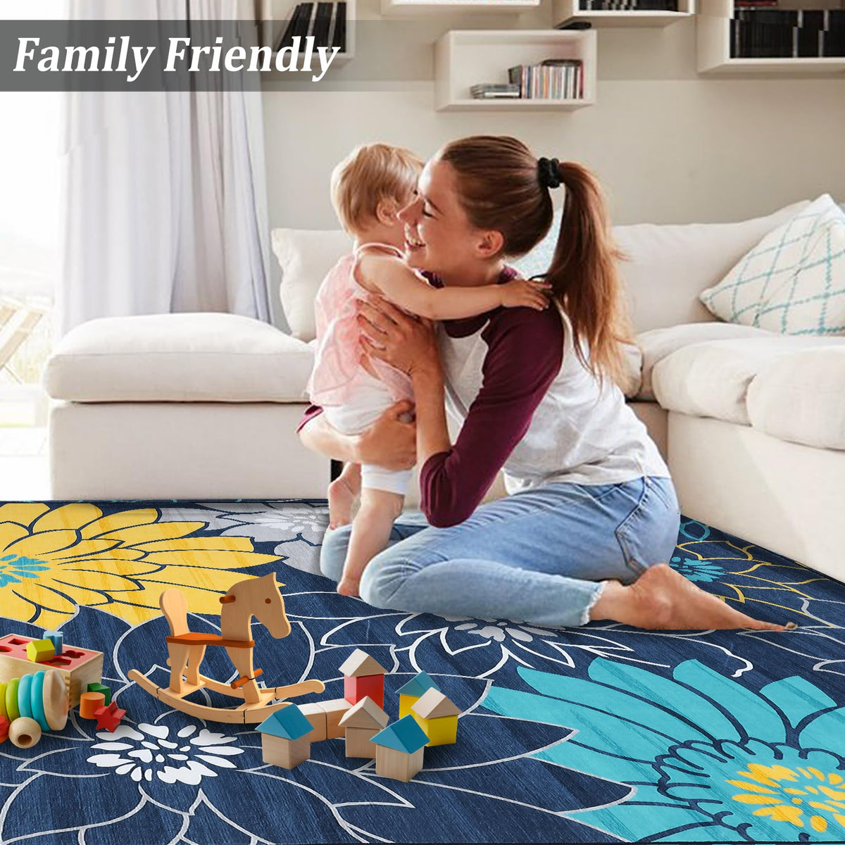 Tapis de salon Garvee lavable en machine à motif floral, antidérapant, plat, pour chambre, cuisine, chambre d'enfant, bleu, 160 x 230 cm