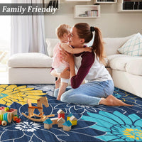 Tapis de salon Garvee lavable en machine à motif floral, antidérapant, plat, pour chambre, cuisine, chambre d'enfant, bleu, 160 x 230 cm