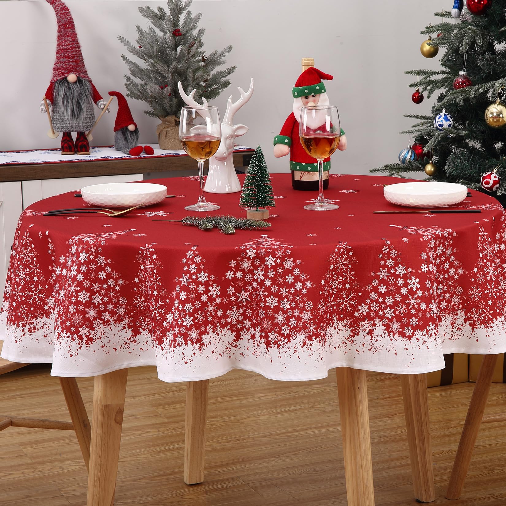 Nappe de Noël ronde Garvee à motif flocons de neige et sapin, imperméable, infroissable, rouge, 152 cm (60 pouces), idéale pour la salle à manger et les repas de fêtes.
