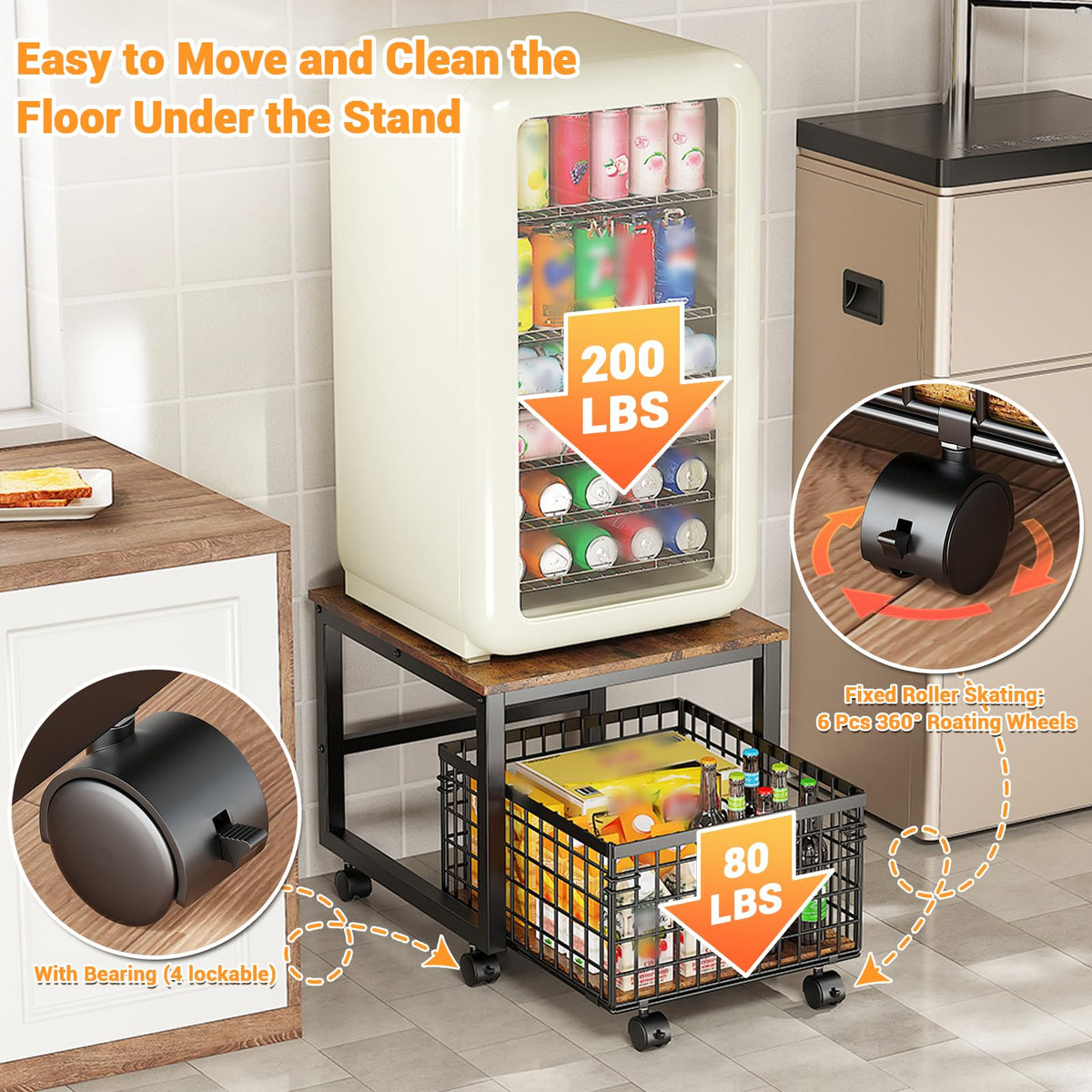 Garvee Support pour mini-réfrigérateur sur roulettes avec panier métallique pour cuisine, salon, bureau, 50 × 54 × 45, 7 cm, noir