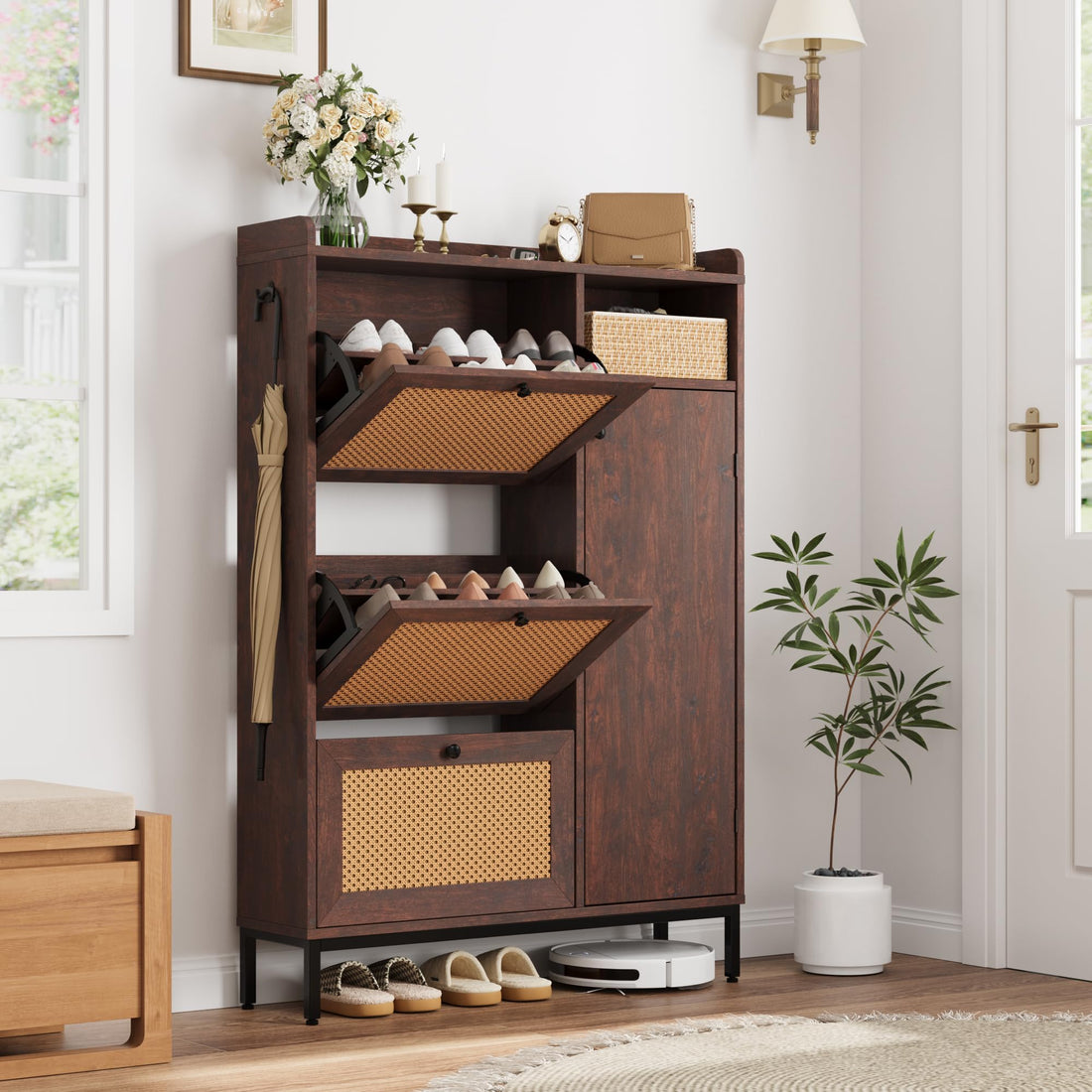Meuble à chaussures Garvee en rotin avec 3 tiroirs abattants, étagères réglables, structure en MDF, pieds en métal, idéal pour l'entrée et le couloir, grand format, couleur naturelle