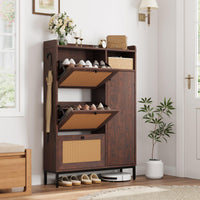Garvee Meuble à chaussures en rotin avec 3 tiroirs abattants, étagères réglables, structure en MDF, pieds en métal, idéal pour l'entrée et le couloir, grand format, couleur naturelle