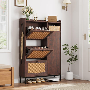 Garvee Meuble à chaussures en rotin avec 3 tiroirs abattants, étagères réglables, structure en MDF, pieds en métal, idéal pour l'entrée et le couloir, grand format, couleur naturelle