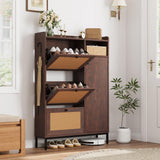 Garvee Meuble À Chaussures Avec 3 Tiroirs Rabattables Et Portes En Rotin Pour Entrée Et Chambre Grande Capacité Robuste MDF Métal - Dark Cherry
