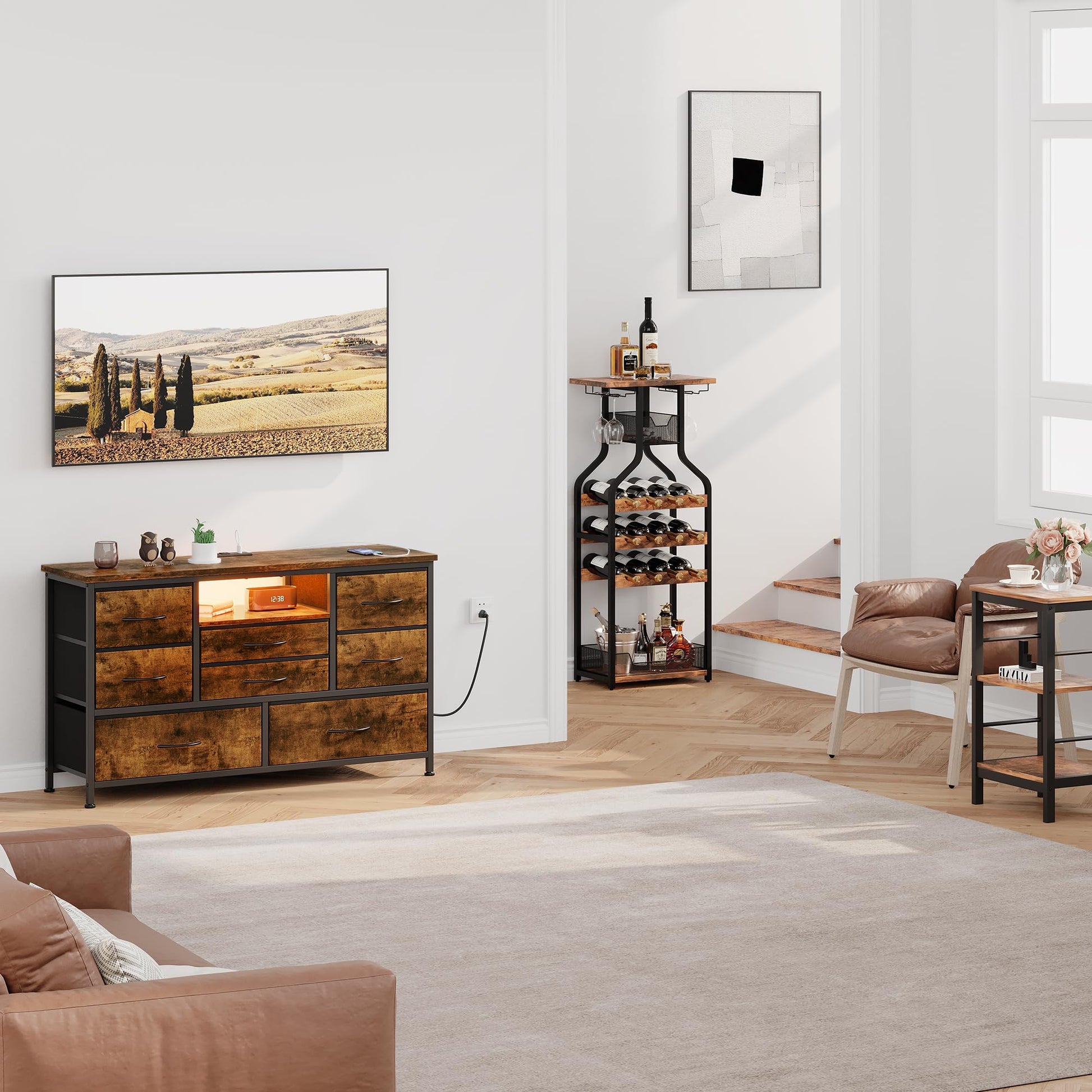 Garvee Meuble TV à 8 tiroirs, éclairage LED, prises électriques intégrées pour le salon et la chambre, en MDF résistant aux rayures, avec système de gestion des câbles.