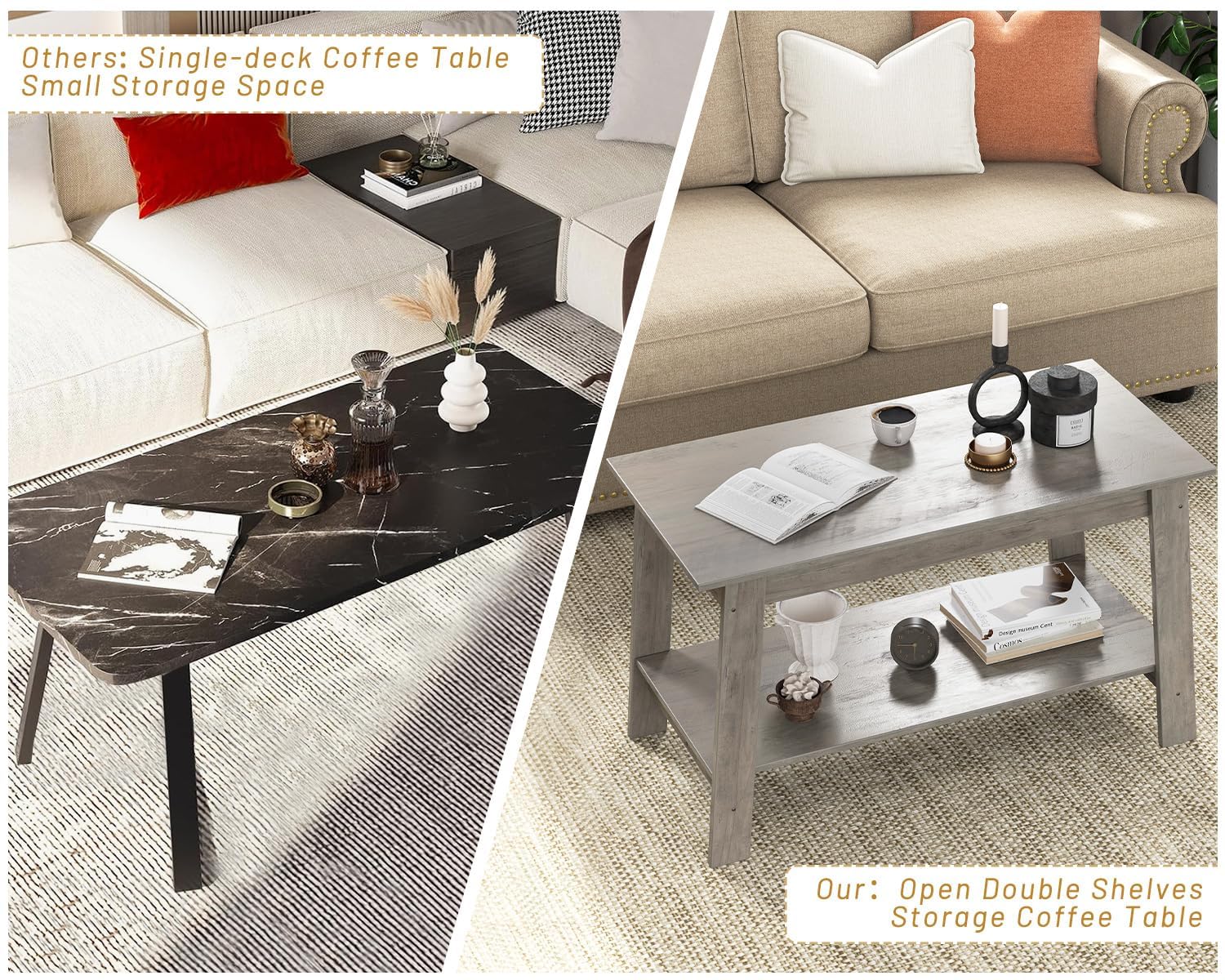 Garvee table basse industrielle 80 cm à 2 niveaux, bois rustique gris, idéale pour le salon et la chambre, gain de place et stable