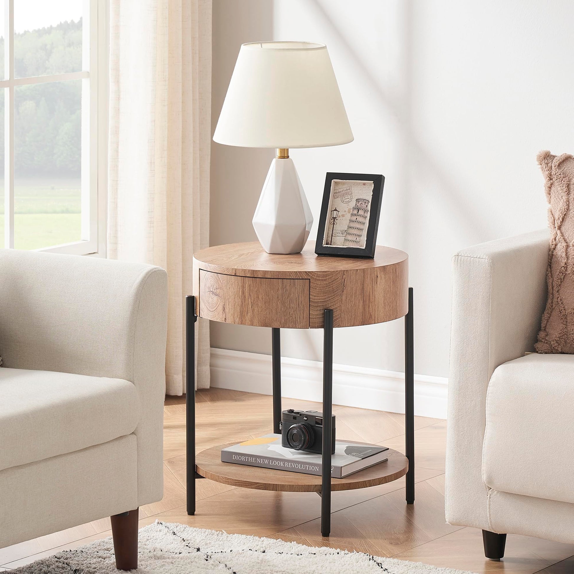 Table d'appoint ronde Garvee en bois avec tiroir, structure en métal, style vintage pour salon et chambre, 50 cm, marron