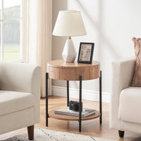 Table d'appoint ronde Garvee en bois avec tiroir, structure en métal, style vintage pour salon et chambre, 50 cm, marron