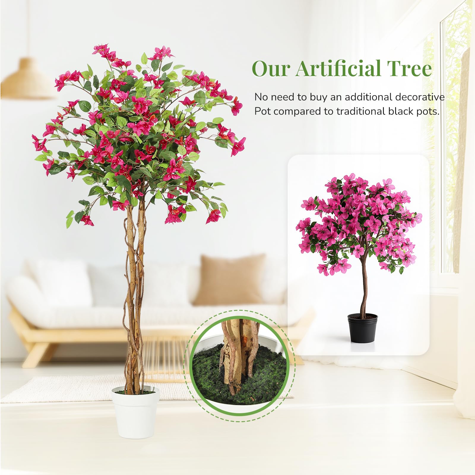 Bougainvillier artificiel Garvee de 1,8 m avec tronc en bois, fleurs roses, résistant aux intempéries pour une utilisation intérieure et extérieure, pot en ciment inclus, facile d'entretien.