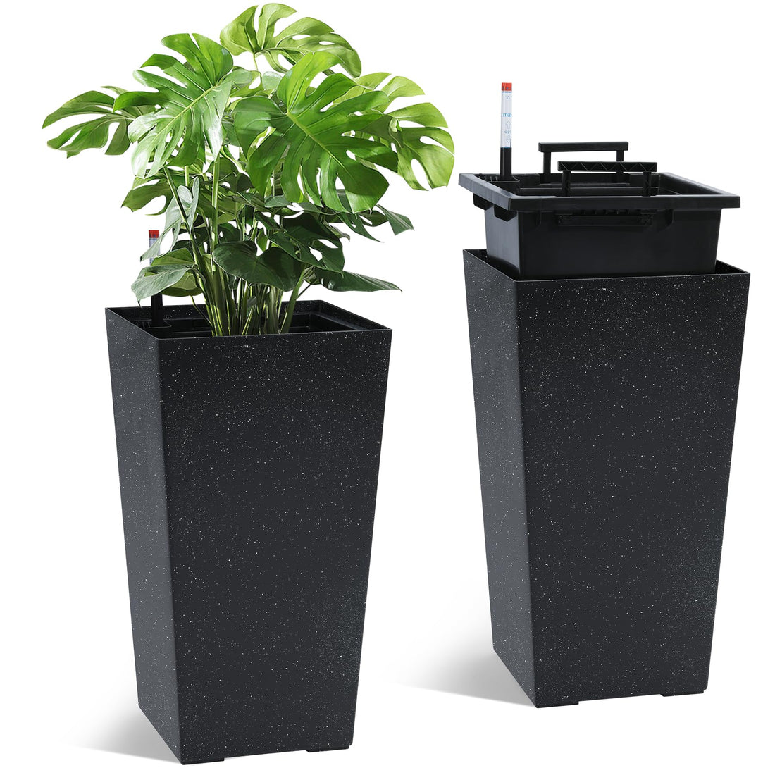 Garvee Lot de 2 jardinières de 57 cm de haut avec arrosage automatique et indicateur de niveau d'eau pour balcon et terrasse, à pois noirs et blancs, en plastique résistant aux intempéries