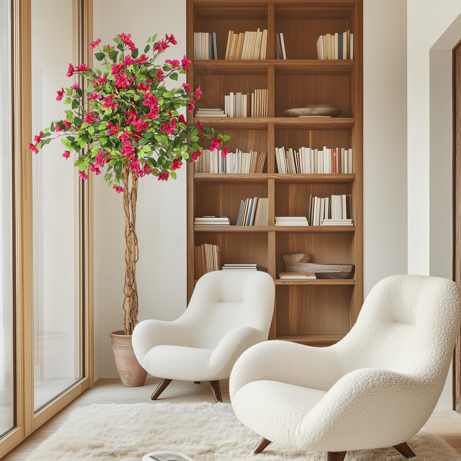 Bougainvillier artificiel Garvee de 1,8 m avec tronc en bois, fleurs roses, résistant aux intempéries pour une utilisation intérieure et extérieure, pot en ciment inclus, facile d'entretien.