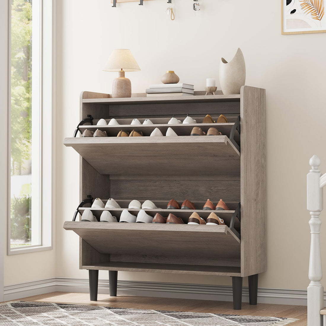 Garvee Meuble à chaussures 2 tiroirs abattants, MDF gris, 87,6×26,7×95,2cm, étagères réglables pour entrée et salon