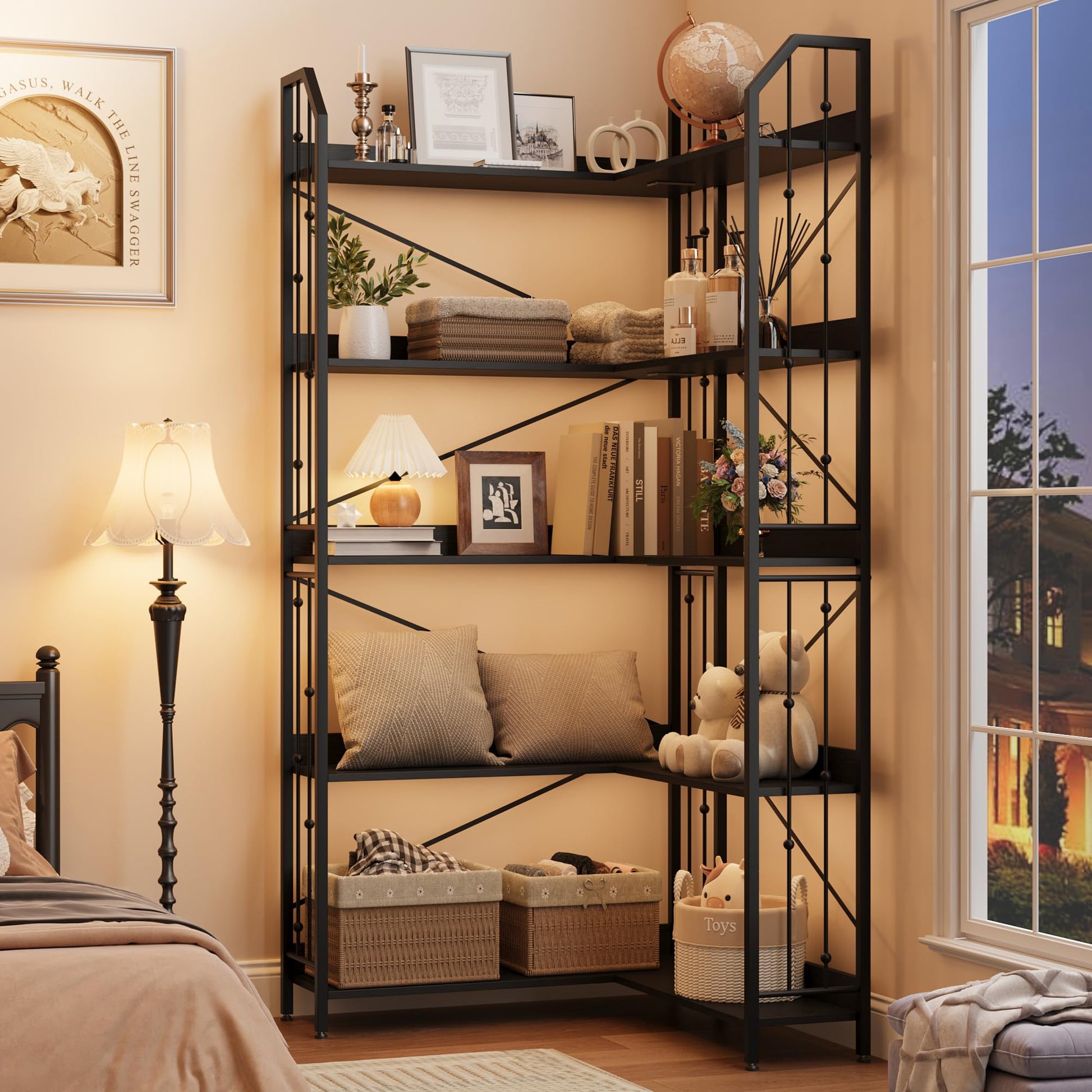 Étagère d'angle Garvee 183 cm (72 po) en forme de L, style industriel, en métal et MDF, pour salon et chambre, robuste, anti-basculement, 5 niveaux, noire