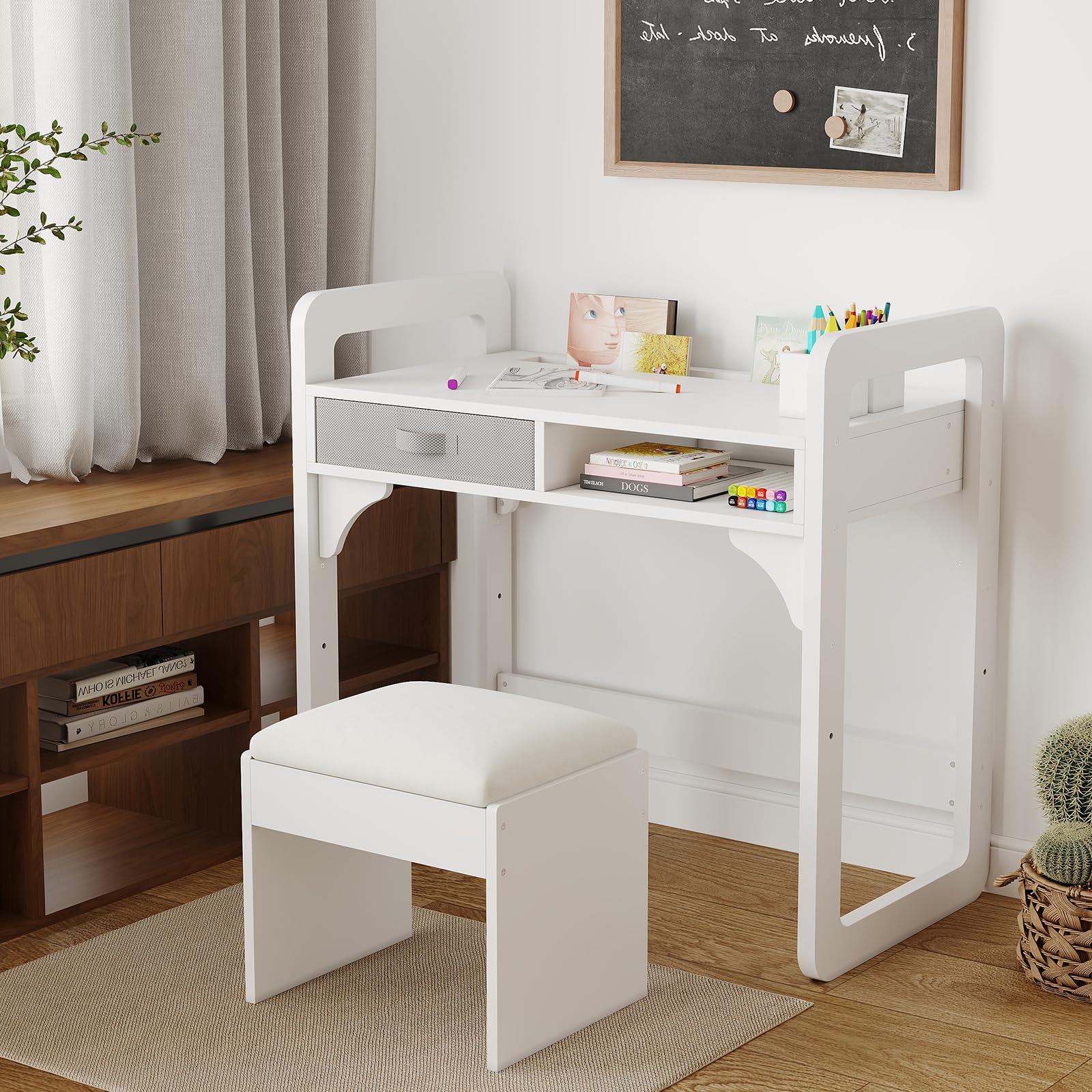 Ensemble bureau et chaise pour enfants Garvee avec rangement, tabouret rembourré en PU, bois, robuste et durable, blanc, chambre et salle de jeux