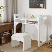 Ensemble bureau et chaise pour enfants Garvee avec rangement, tabouret rembourré en PU, bois, robuste et durable, blanc, chambre et salle de jeux