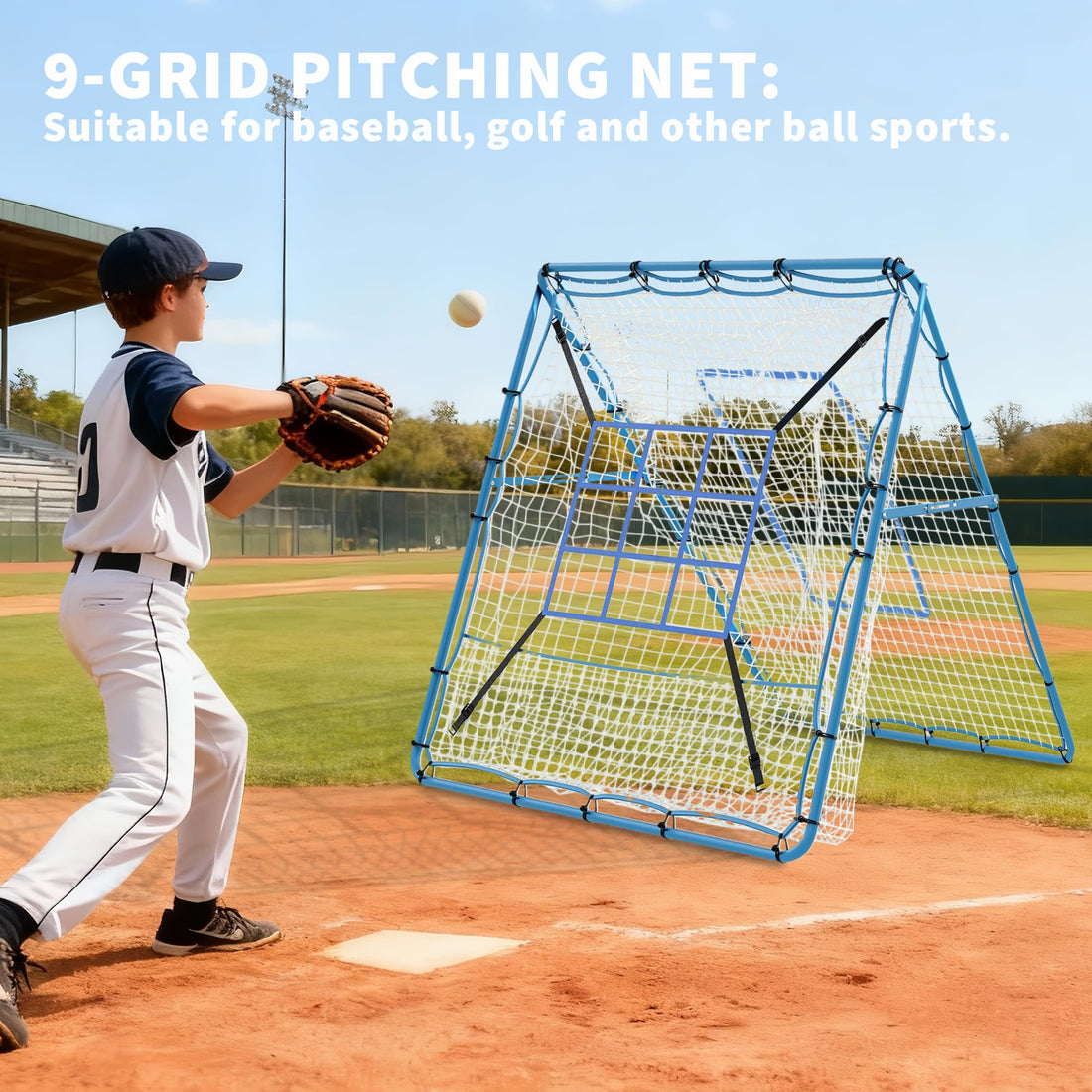 Filet de rebond Garvee pour lanceur de baseball, 1,5 x 1,2 m, avec cible à 9 trous, angle réglable, cadre en métal, pliable, polyvalent pour le jardin et l'entraînement.
