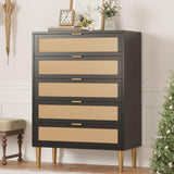 Garvee Commode en Rotin 5 Tiroirs avec Poignées Dorées pour Chambre et Salon, Bois Épais, Design Moderne, Anti-Basculement, Grande Surface, 80 x 39 - Noir