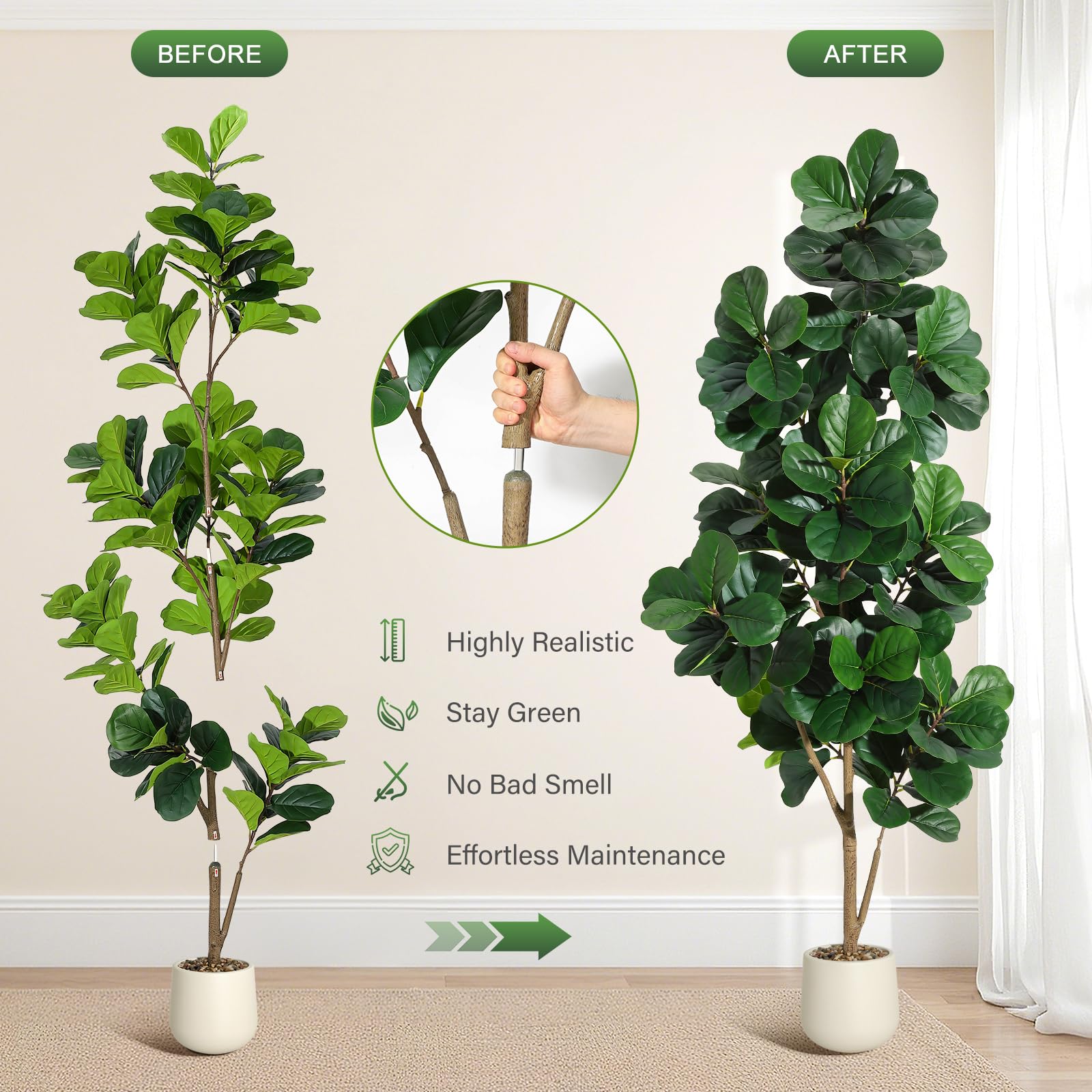 Ficus lyrata artificiel Garvee de 2,13 m (7 pi) avec 141 feuilles, pot blanc de 23 cm (9 po), décoration pour bureau et salon, feuilles en PVC et PE, design stable