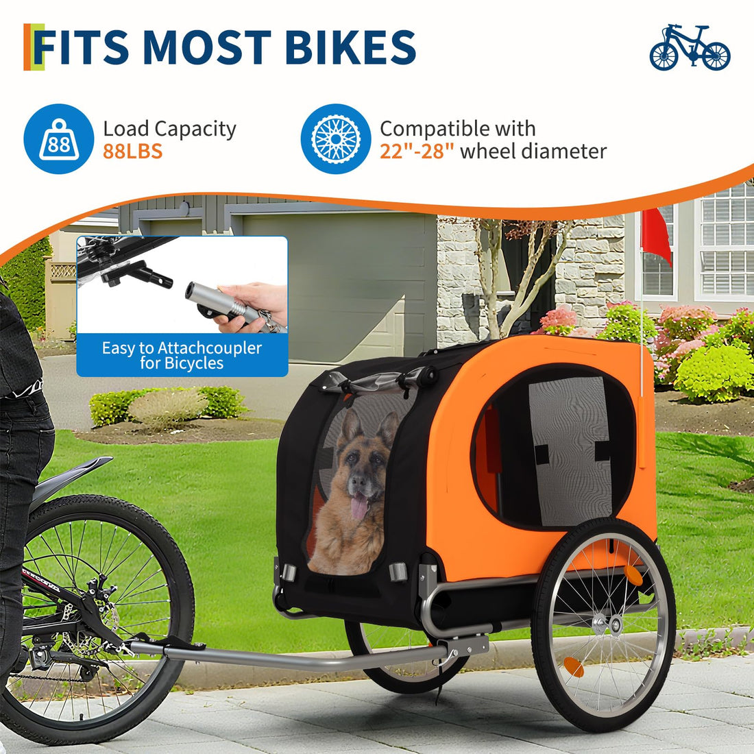 Garvee Remorque vélo pour chien jusqu’à 40 kg, toile Oxford 600D résistante aux intempéries, drapeau inclus, pour grands chiens 56–71 cm, orange