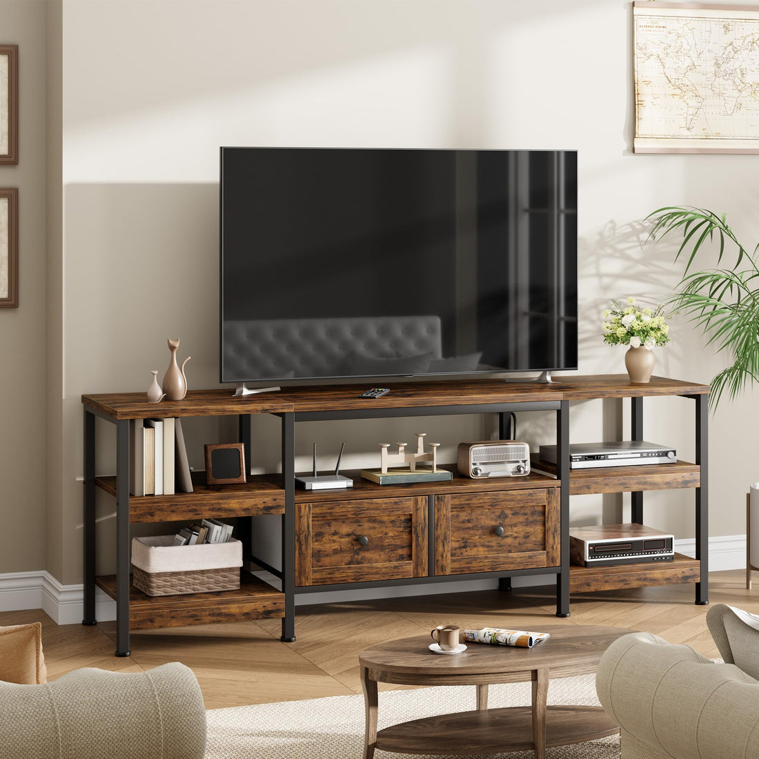 Meuble TV industriel Garvee 79 pouces avec 2 tiroirs, style rustique, marron, pour salon et bureau