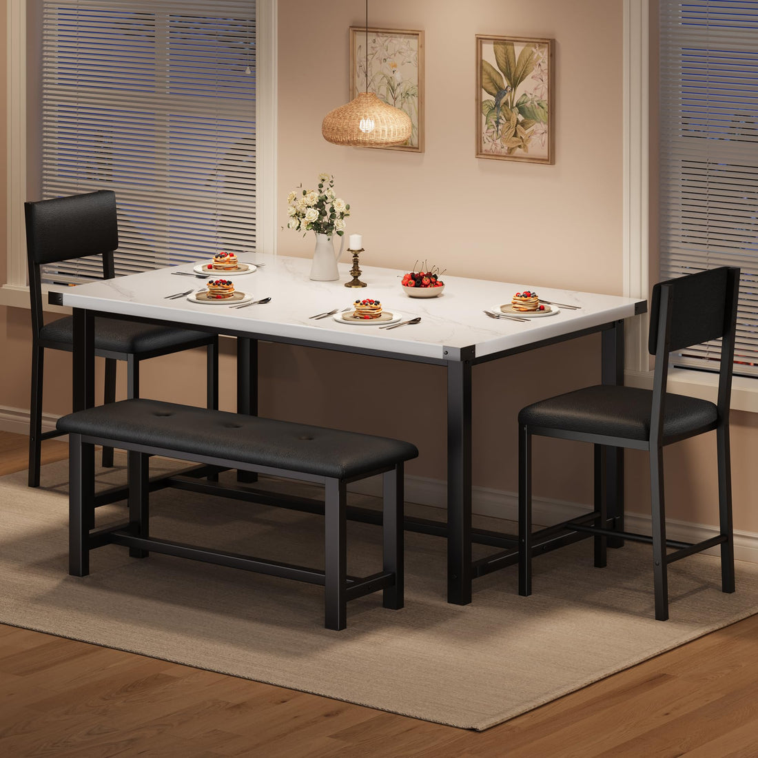 Garvee Ensemble salle à manger 4 personnes avec table, 2 chaises et banc rembourrés, MDF gris, structure robuste en H, idéal cuisine et petits espaces.