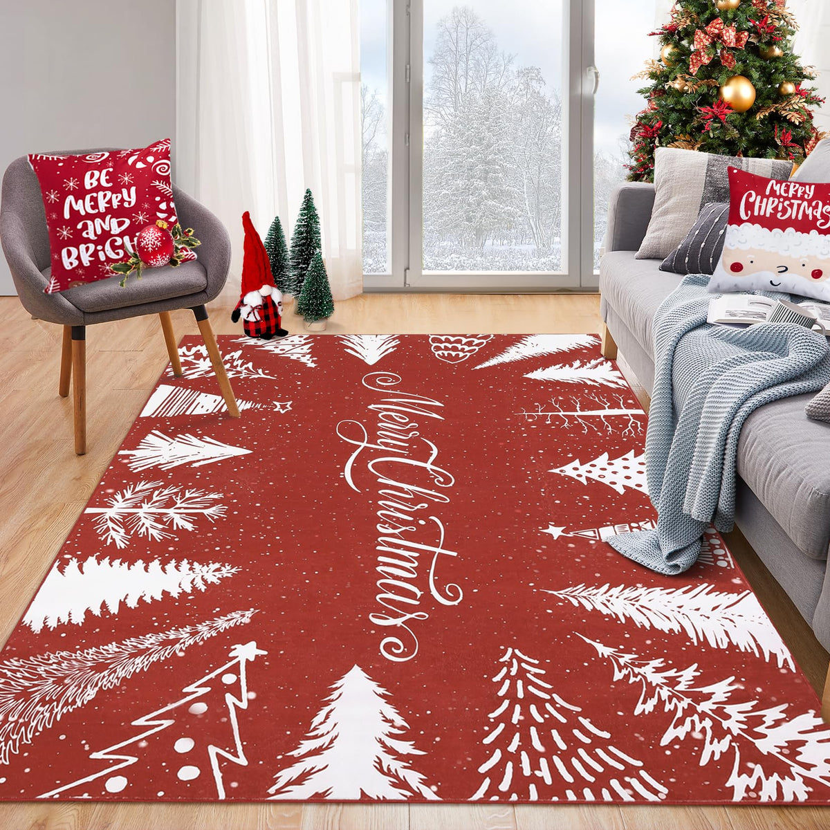 Tapis de Noël lavable Garvee, motif flocons de neige et sapin rouge, 120 x 170 cm, pour salon et chambre