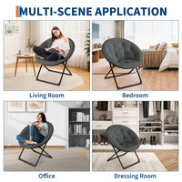 Fauteuil soucoupe pliable Garvee en fausse fourrure avec structure en métal, gris, confortable et portable, idéal pour la chambre et le jardin.