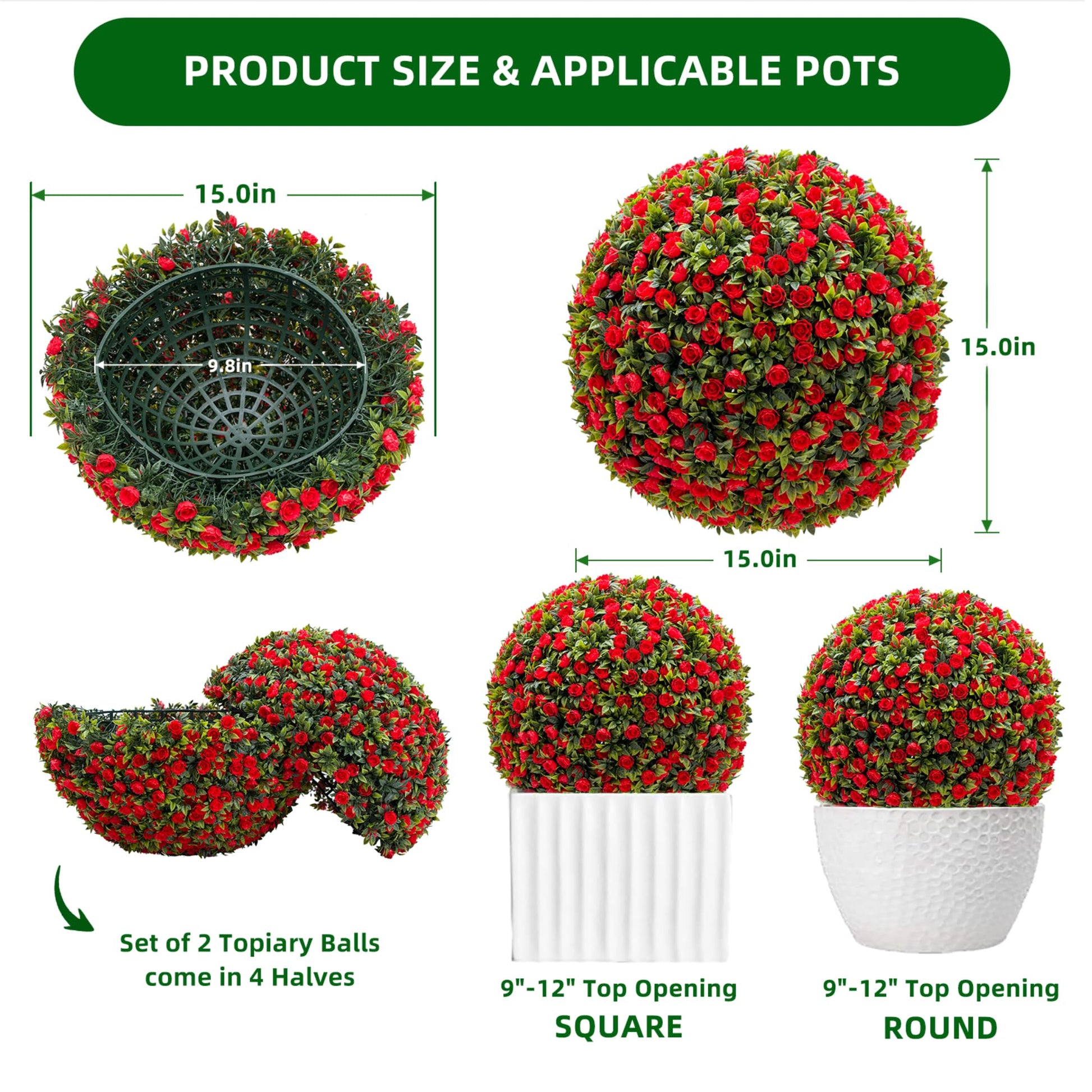 Garvee Lot de 2 Boules de Buis Artificielles 45 cm avec Fleurs, PE Résistant aux UV, pour Mariage et Balcon, Vert Rouge Blanc