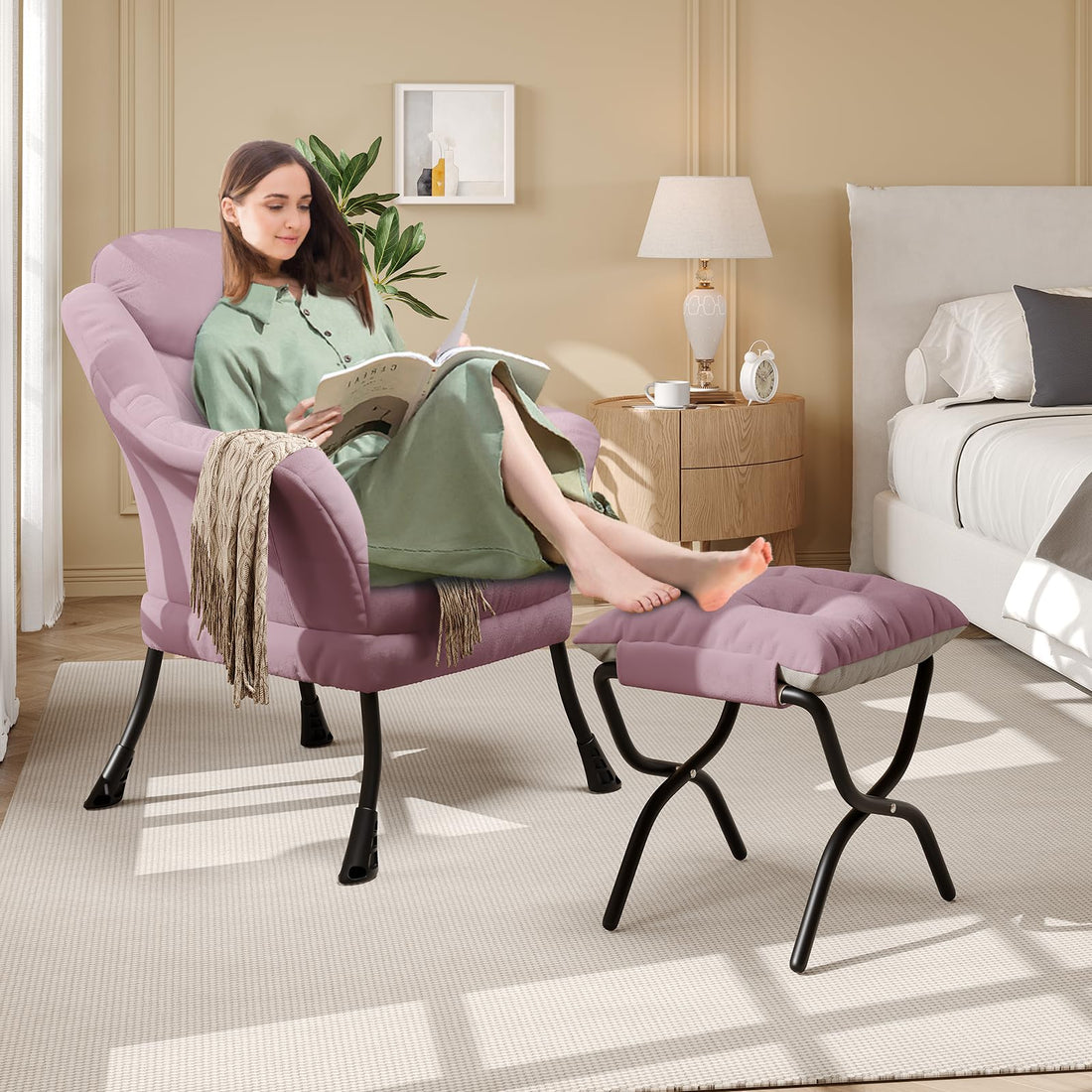Garvee Fauteuil de lecture ergonomique fauteuil lounge avec repose-pieds, pliable, revêtement en coton PP, housse lavable, design moderne, idéal pour les petits espaces, rose