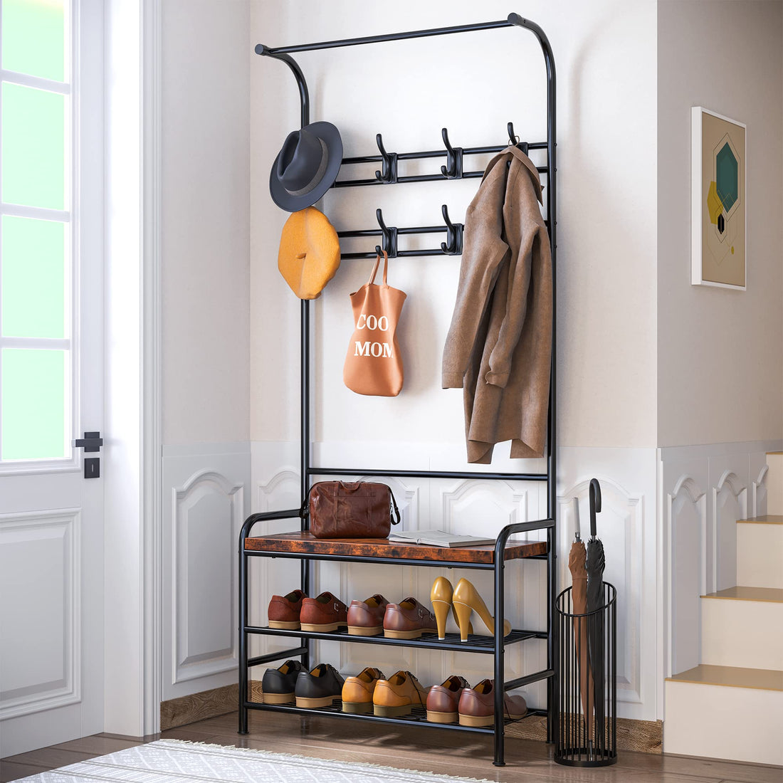 Garvee Banc à chaussures vestiaire avec 8 crochets, armoire 4 en 1, robuste pour l'entrée et la chambre, 60 × 30 × 180 cm, couleur rétro