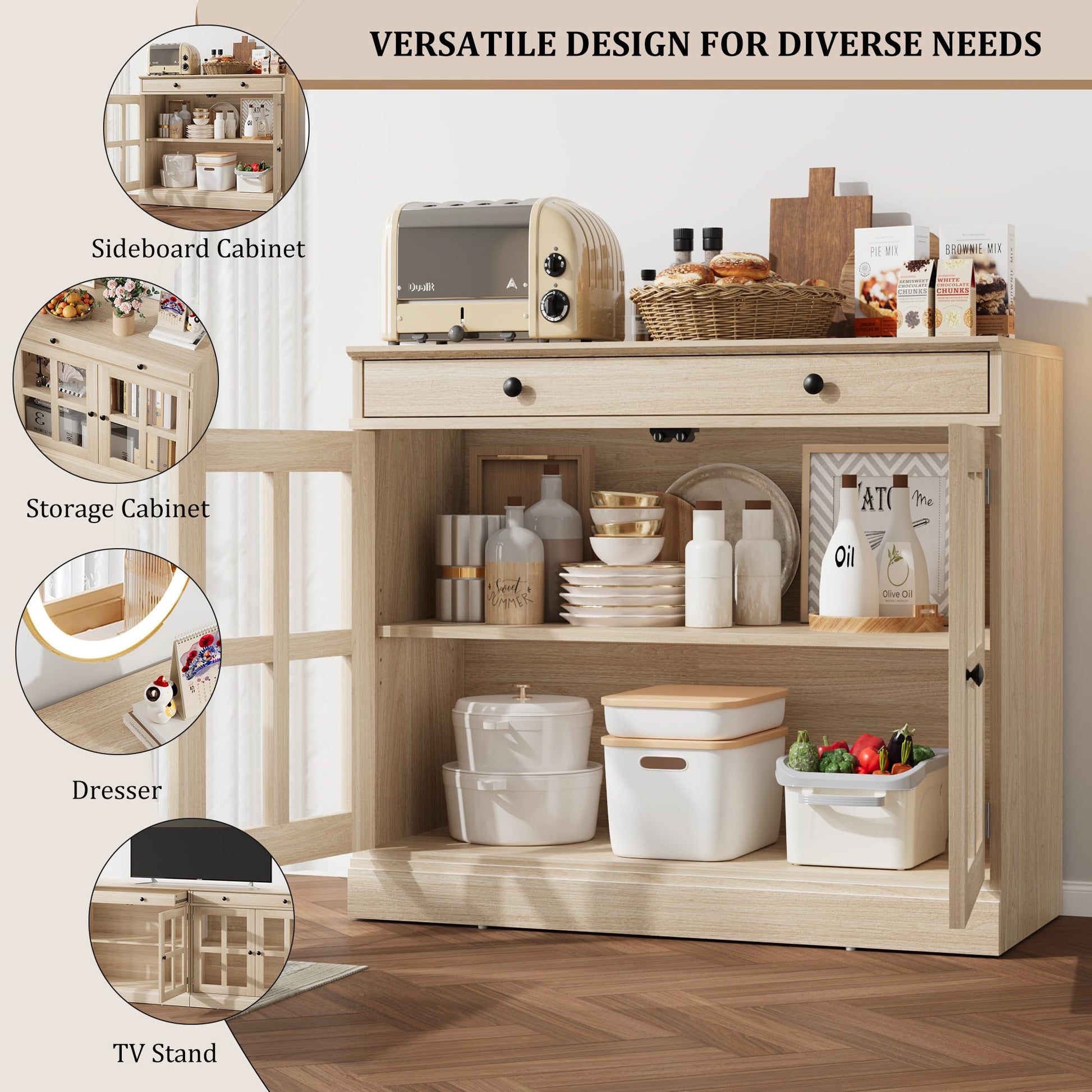 Buffet Garvee 90 cm avec porte vitrée, étagères réglables, fermeture amortie, chêne, salle à manger et cuisine, construction robuste, montage facile