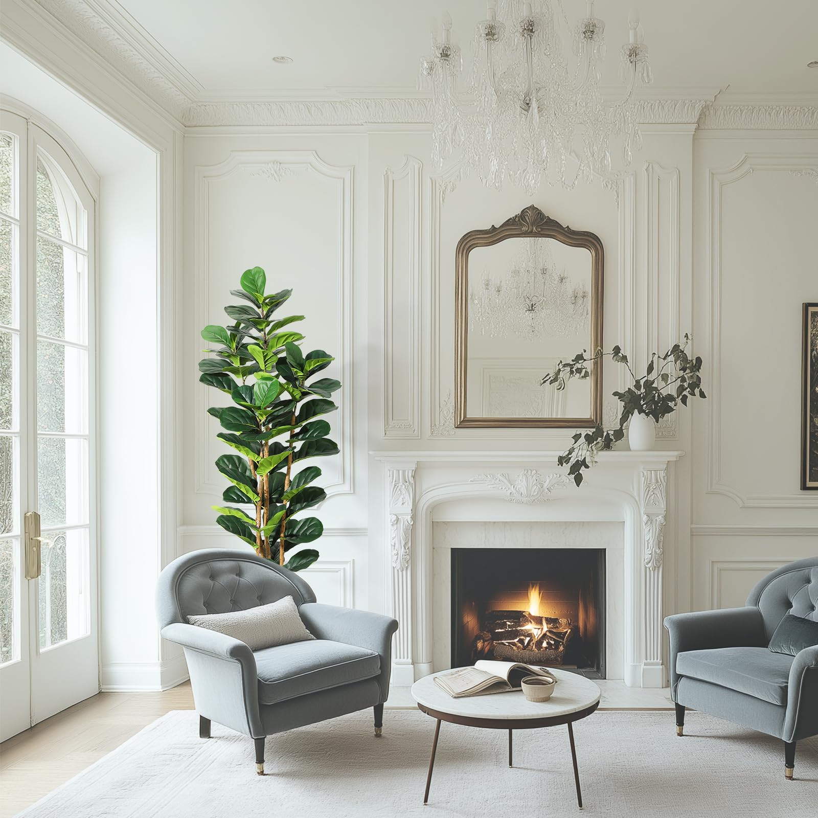 Garvee Ficus Lyrata artificiel 183 cm, feuillage vert réaliste, pot blanc et tronc en bois naturel, décoration intérieure