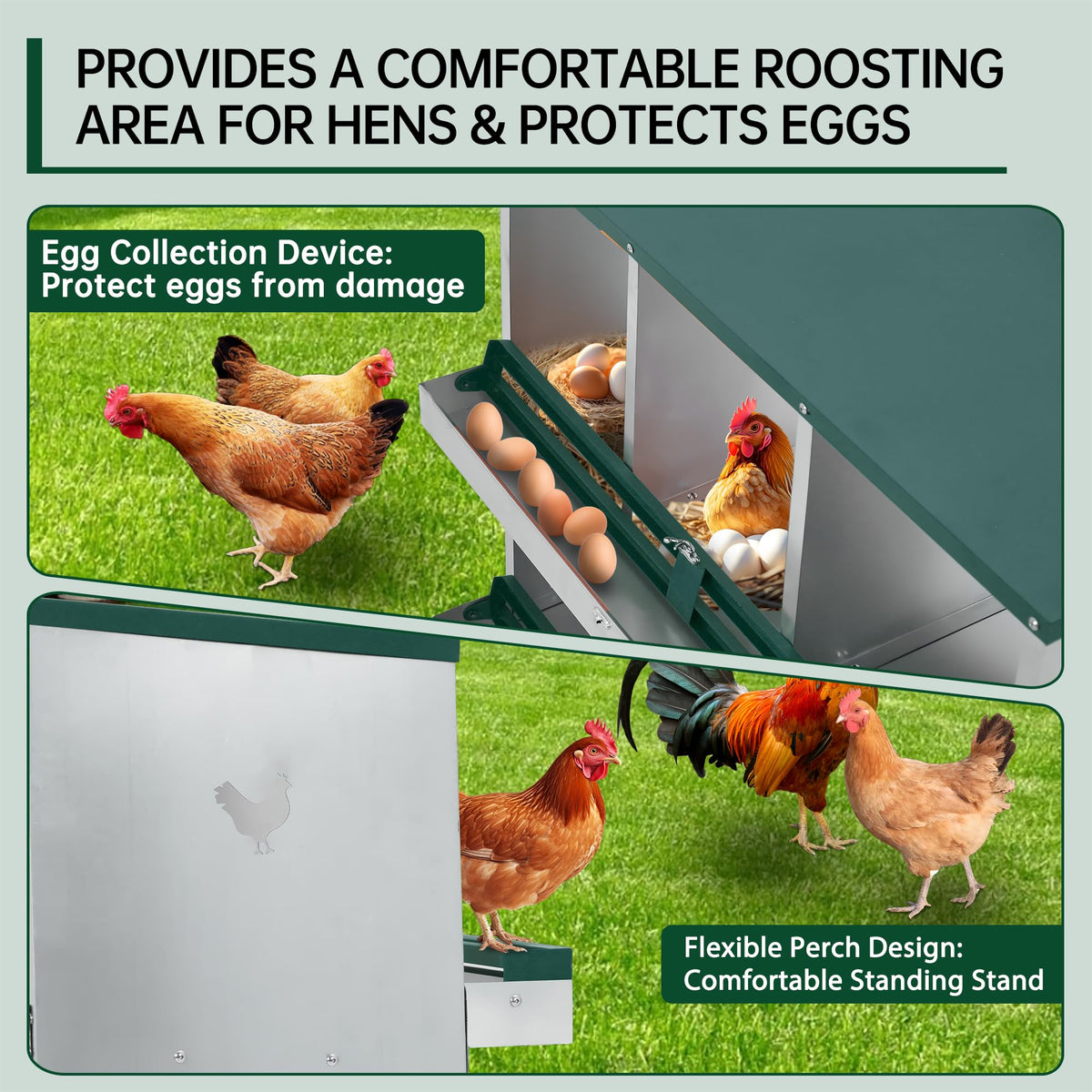 Garvee Pondoir pour Poules à 3 Compartiments, Acier Galvanisé, Grandes Ouvertures de Ventilation, Sécurisé, pour Poulailler, Vert