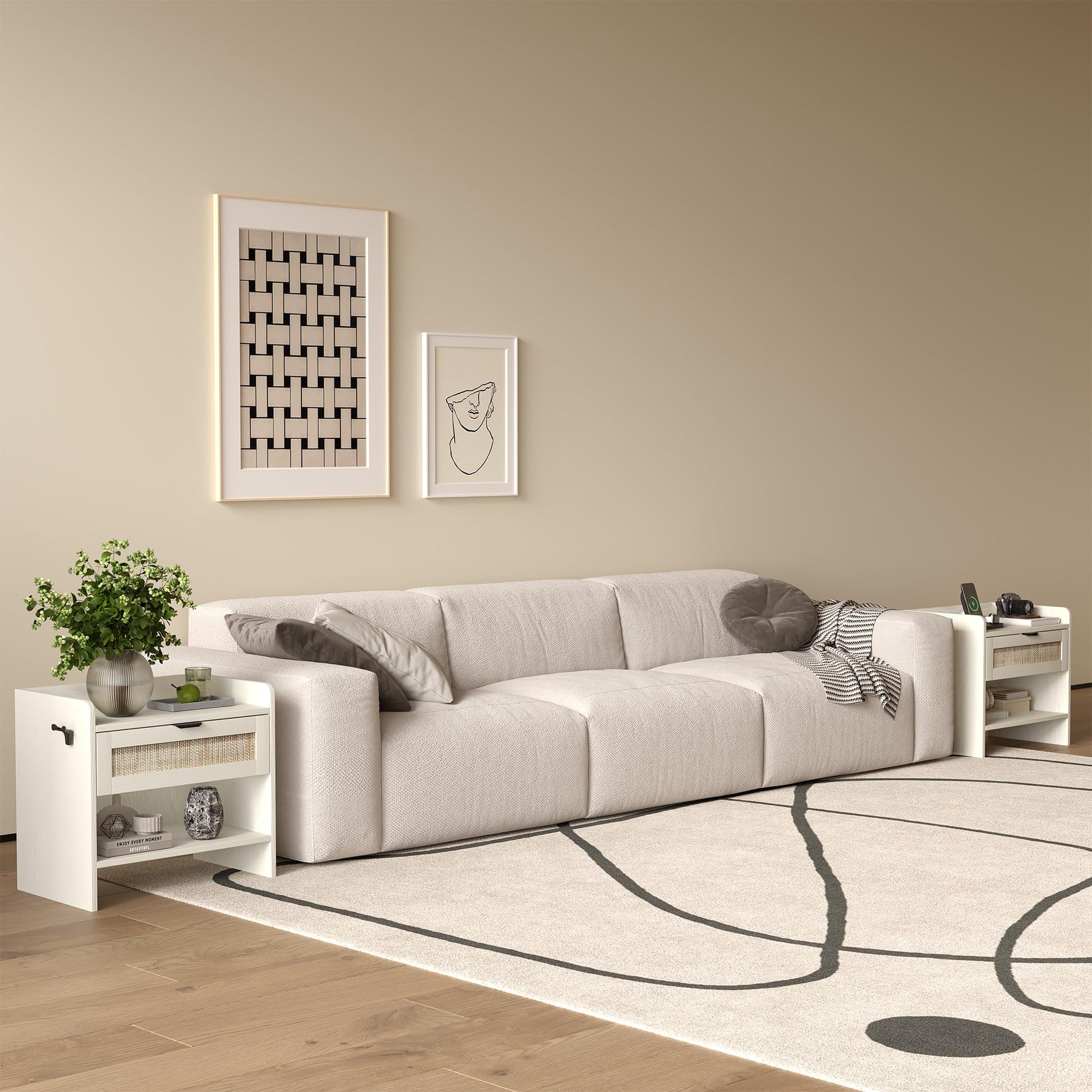 Table de chevet Garvee en rotin avec station de charge USB-C, 1 tiroir, rangement ouvert pour chambre et bureau, 60 x 39 x 56 cm, bois, robuste, polyvalente