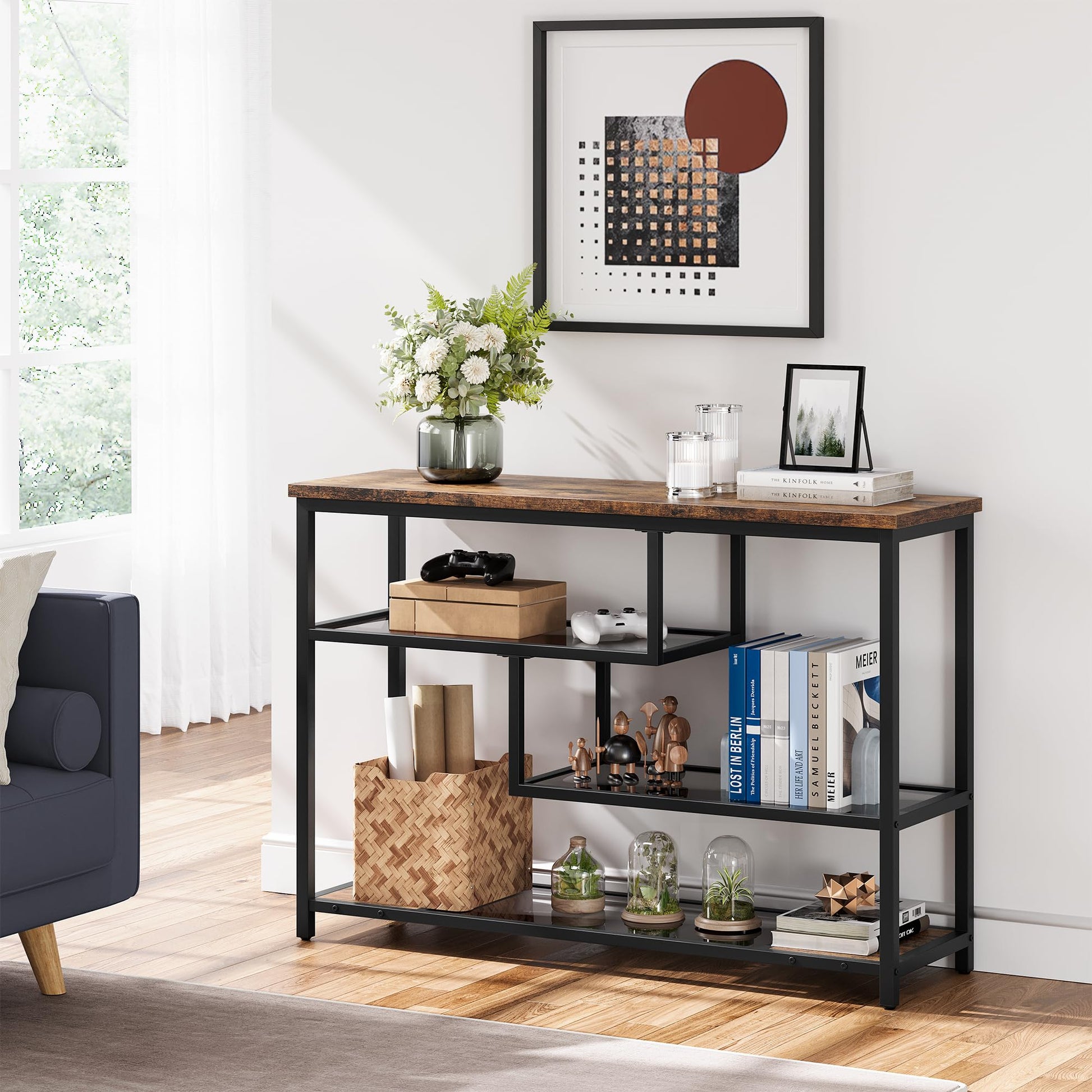 Garvee console à 4 niveaux avec étagère en verre et structure en métal, idéale pour l’entrée et le salon, 100 × 30 × 75 cm, rétro rustique