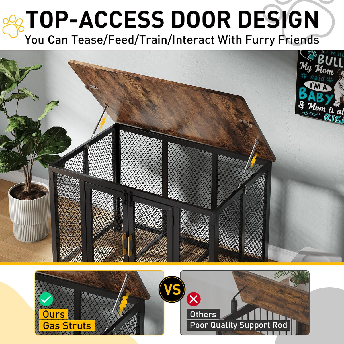 Garvee Cage pour chien 122 cm style meuble avec porte supérieure, structure robuste en bois et métal, design intérieur élégant, indestructible, adaptée aux chiens petits, moyens et grands.