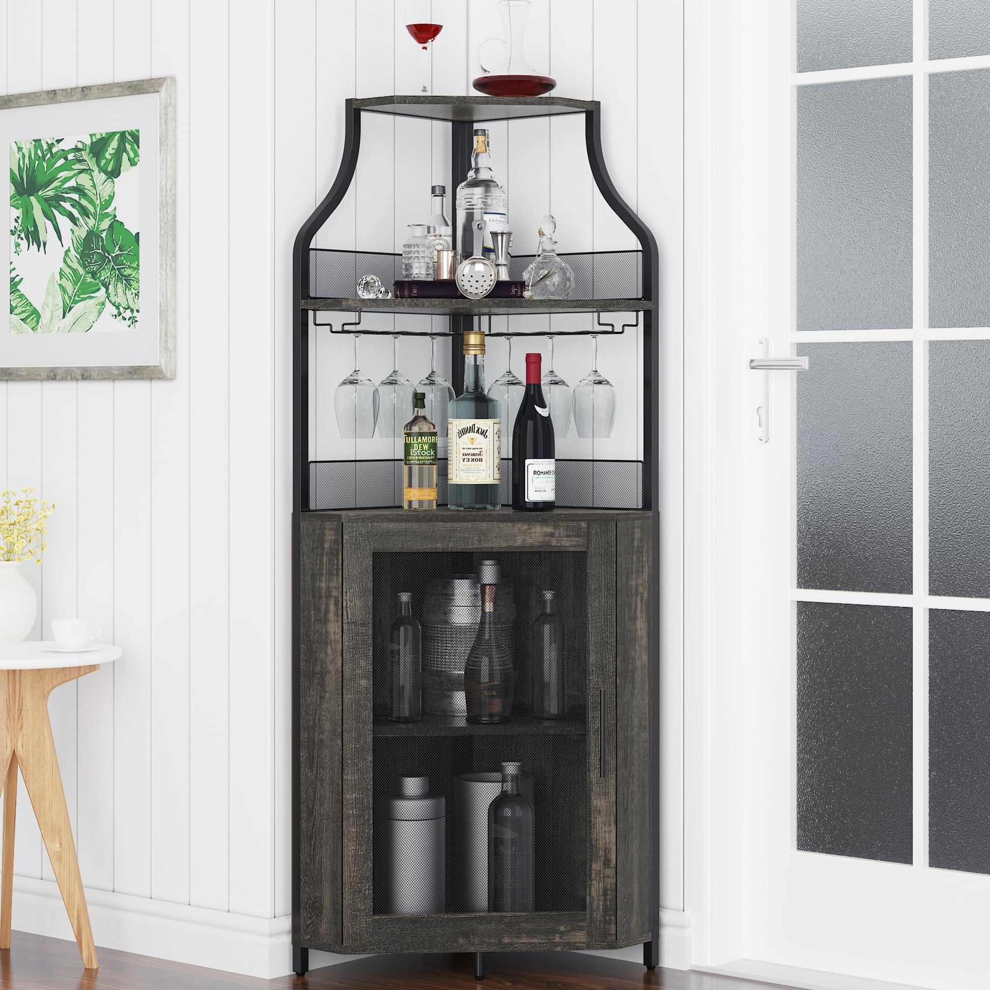 Garvee Meuble bar d'angle, 5 niveaux avec casier à vin, porte-verres, porte coulissante de style grange, idéal pour le salon et la cuisine, 47 × 45 × 154 cm, gris, gain de place, robuste