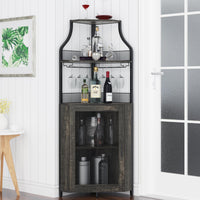 Garvee Meuble bar d'angle, 5 niveaux avec casier à vin, porte-verres, porte coulissante de style grange, idéal pour le salon et la cuisine, 47 × 45 × 154 cm, gris, gain de place, robuste