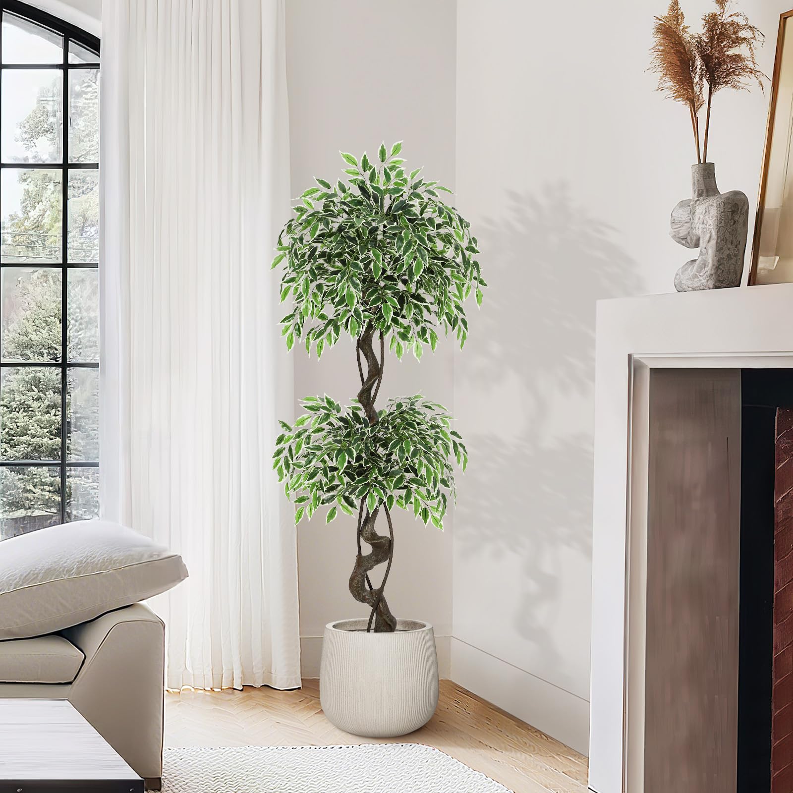 Garvee Ficus artificiel panaché blanc 150 cm en PE durable, plante réaliste pour décoration intérieure et extérieure